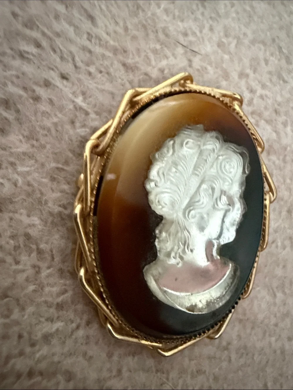 Vintage Cameo Resin & Gold-Tone Oval Brooch - Brown
